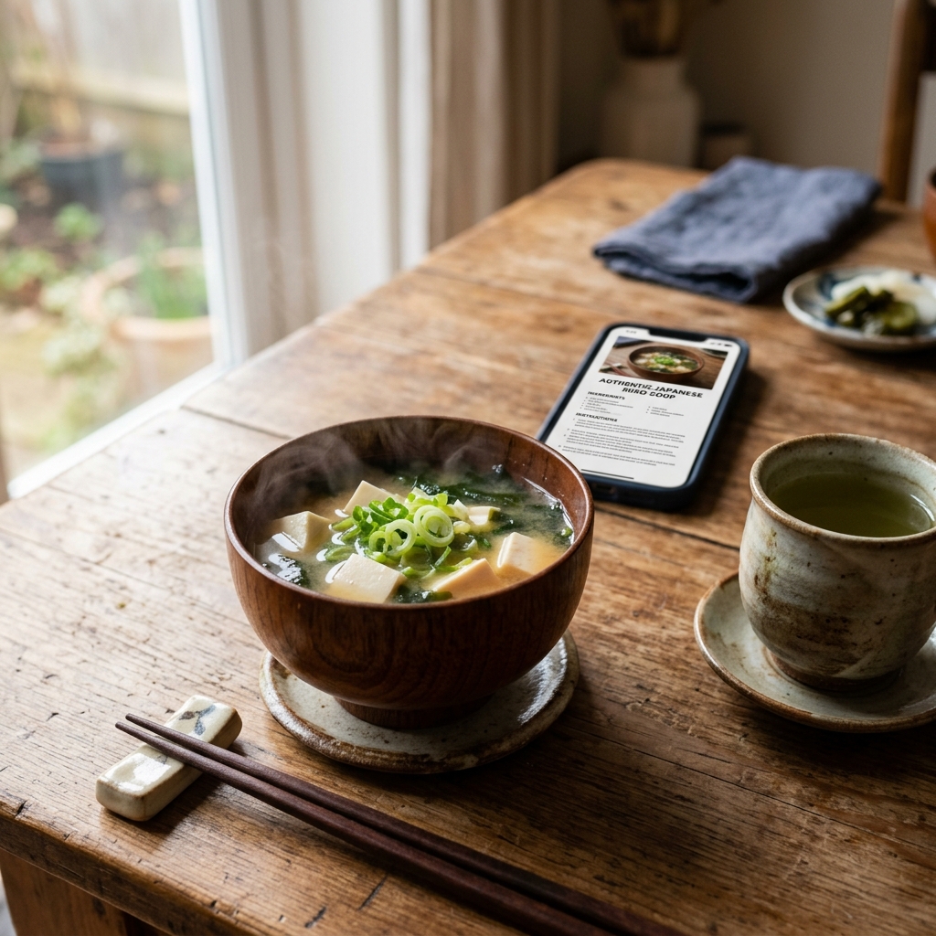 味噌汁とスマートフォンに表示されたレシピ