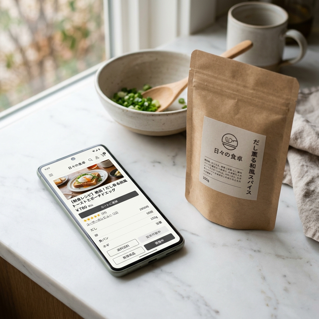 食品パッケージとスマートフォンの商品購入画面
